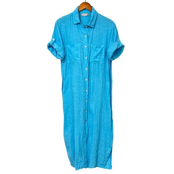 Tina Stephens Italy Briar Linen Button Front Dress Turquoise One Size Fits Most - Picture 1 of 7